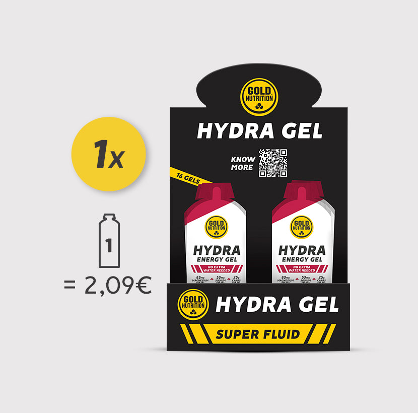Caixa de Hydra Gel GoldNutrition sabor framboesa, suplemento de hidratação com sabor frutado e embalagem colorida.