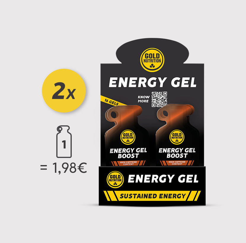 Caixa de gel de energia GoldNutrition Energy Gel Boost de sabor caramelo, ideal para recarregar energia durante atividades físicas.