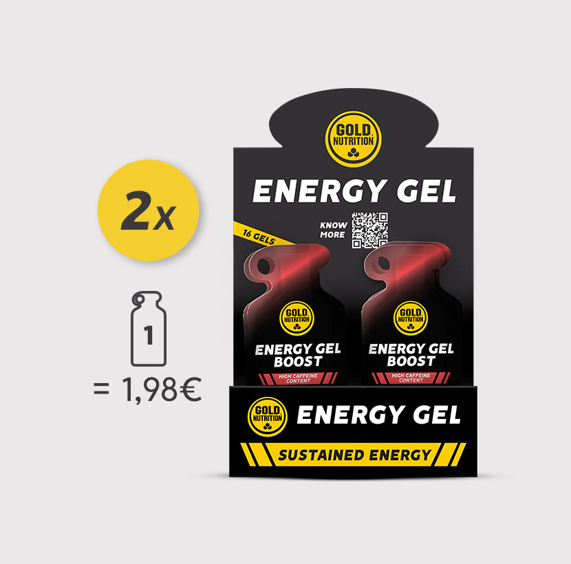 Caixa de gel energético GoldNutrition Energy Gel Boost sabor melancia, ideal para reposição de energia durante atividades físicas.