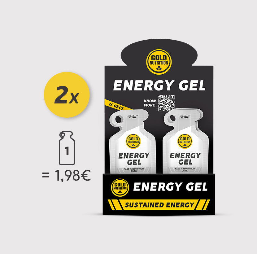 Caixa com dois potes de Energy Gel GoldNutrition de 40g em embalagem neutra, ideal para reposição de energia durante atividades físicas.