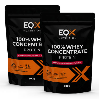 Pack EQX 100% Whey Concentrate Protein Strawberry Milkshake com 2 embalagens de 500 g, 1kg no total.