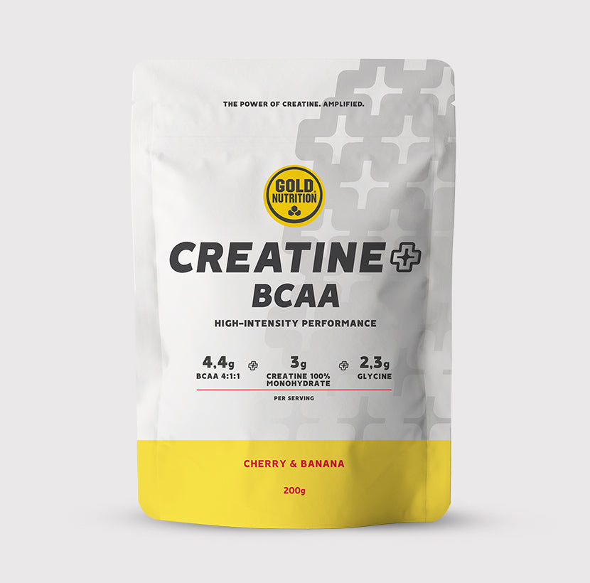 EN (English): Gold Nutrition "Creatine + BCAA" supplement package on a plain background.

PT (Portuguese): Embalagem do suplemento Gold Nutrition "Creatine + BCAA" em fundo neutro.

ES (Spanish): Paquete del suplemento Gold Nutrition "Creatine + BCAA" sobre fondo neutro.

FR (French): Sachet du supplément Gold Nutrition "Creatine + BCAA" sur fond uni.

IT (Italian): Confezione dell'integratore Gold Nutrition "Creatine + BCAA" su sfondo neutro.