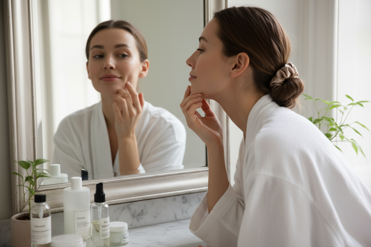 beautiful woman looking at herself in the mirror and pushing face skin