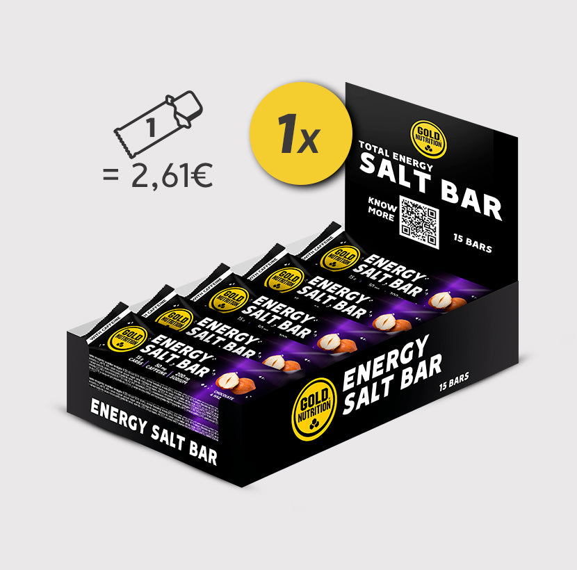 Caixa de barra de sal energético GoldNutrition sabor avelã, com ingredientes para reposição de energia durante atividades físicas.