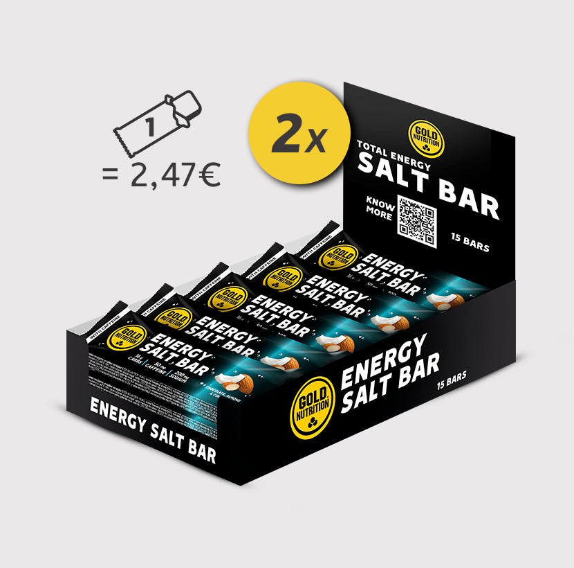 Caixa de barras de sal de energia GoldNutrition com sabor de coco, embalagens com barras em destaque.