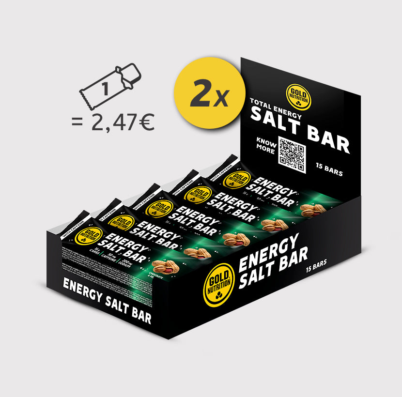 Barra de sal energético GoldNutrition com amendoim, em caixas, ideal para reposição de eletrólitos durante atividades físicas.