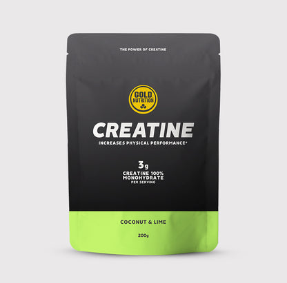 Creatina monohidratada GoldNutrition com sabor limão com coco, pó branco em embalagem de suplemento esportivo.