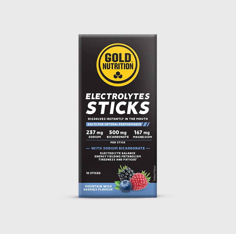 Maçã e limão GoldNutrition sticks de eletrólitos para hidratação, em embalagem com vários sticks individuais