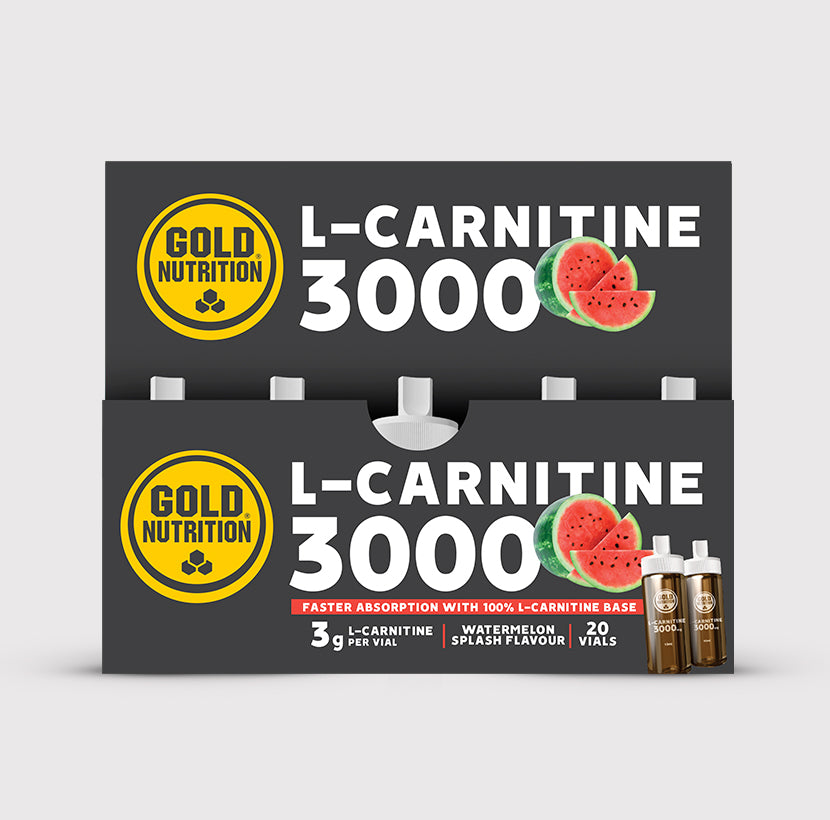 Suplemento de L-Carnitine 3000 da GoldNutrition com sabor de melancia, frasco com cápsulas para energia e queima de gordura.