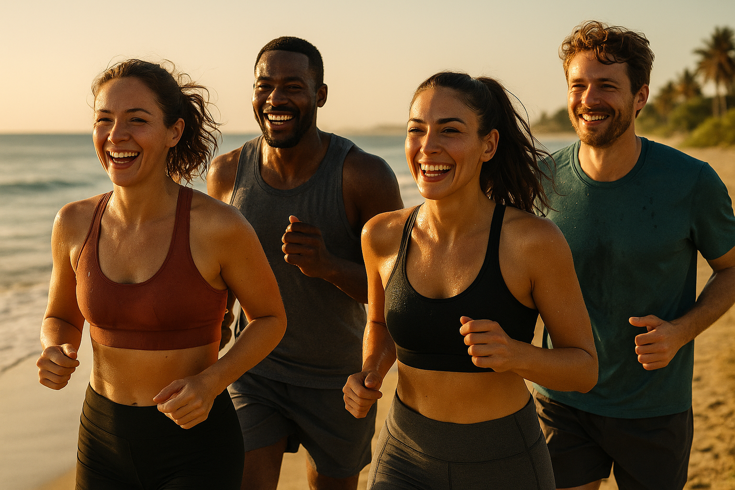 Runners running and smiling close to the beach. Environment should be sunny with a warm light. Runners are sweating