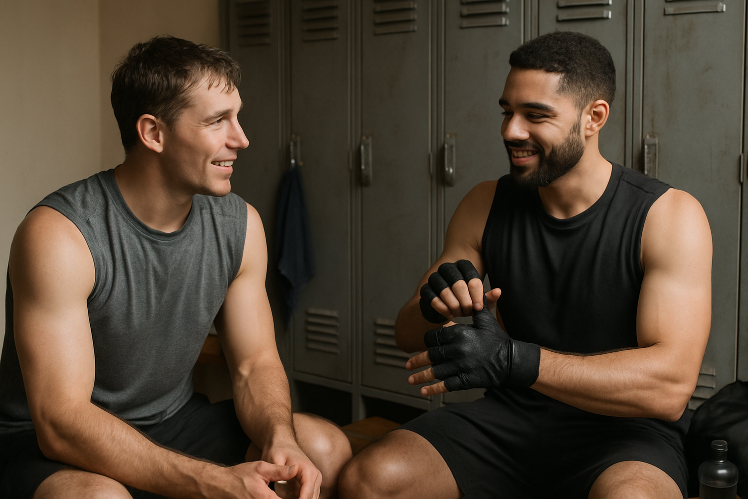 the man on the right is lacing a shoe but not touching the shoe. please put him putting his gym gloves on