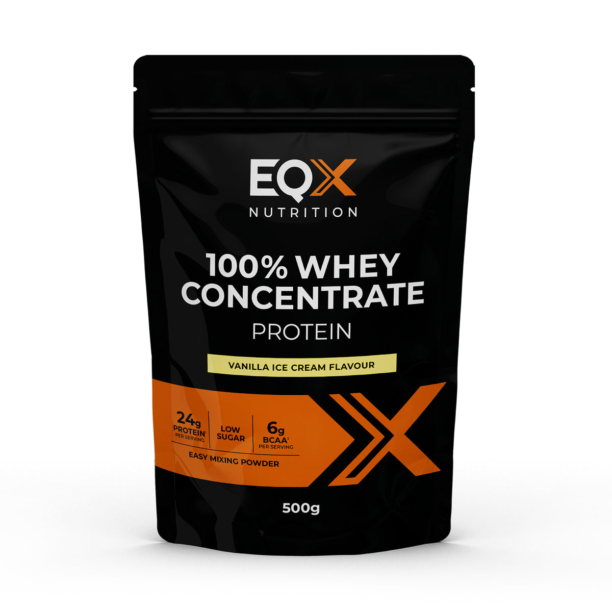 Embalagem EQX 100% Whey Concentrate Protein Vanilla Ice Cream 500 g, vista frontal.