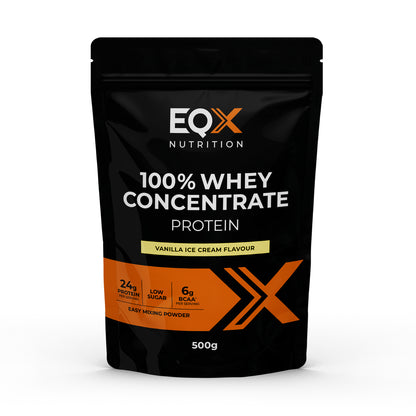 Embalagem EQX 100% Whey Concentrate Protein Vanilla Ice Cream 500 g, vista frontal.